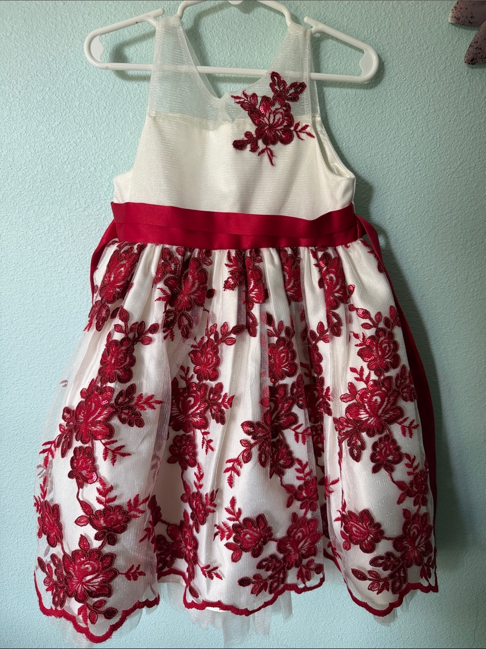 Girls White and Red Floral Embroidered Party Dress
